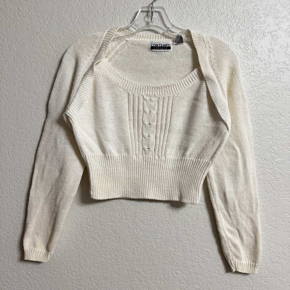 Vintage Y2K Sweater Ivory Small Cropped Cable Knit Babydoll‎ *stains